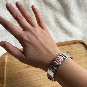Antique Art Nouveau Pink Galalith White Enamel Flowers Silver Tone Cuff Bracelet